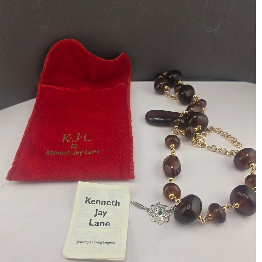 Vintage Kenneth Jay Lane Necklace Brown Resin Gold Tone Graduated Bead 20in